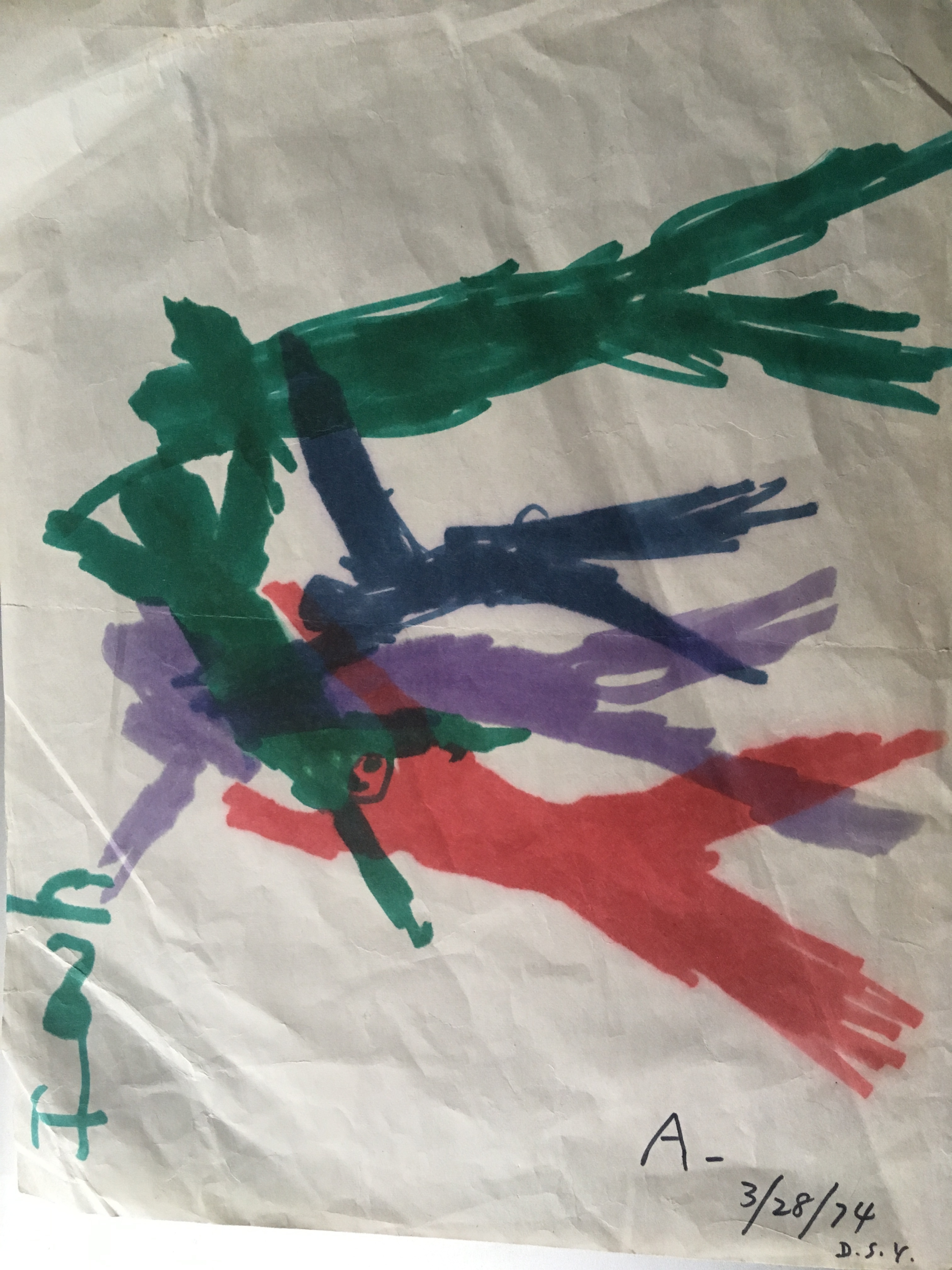 A child’s drawing of a colorful dragon with large wings, rendered in bright crayon colors
